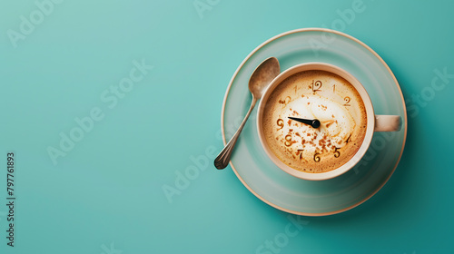 Cup of cappuccino on a saucer with spoon decorated as showing the time on a light blue background. Copy space for text. Cappuccino o'clock concept.
