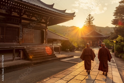 Two monks strolling in front of a pagoda at sunset