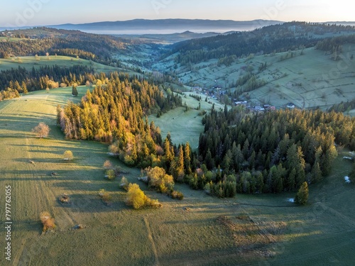 Panorama lasów i łąk w Tatrach w okolicach Łapszanki o poranku z promieniami słońca (ID: 797762055)