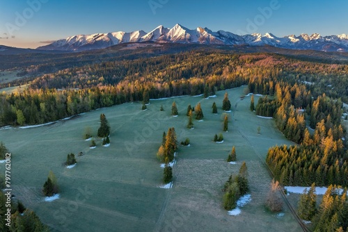 Wspaniała panorama Tatr Bielskich i okolicznych lasów widziana z drona mavic 3 classic (ID: 797762082)