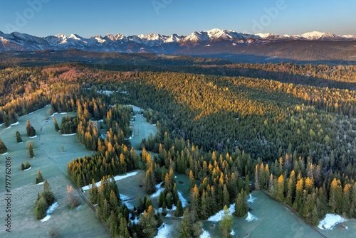 Wspaniała panorama Tatr Bielskich i okolicznych lasów widziana z drona mavic 3 classic (ID: 797762086)