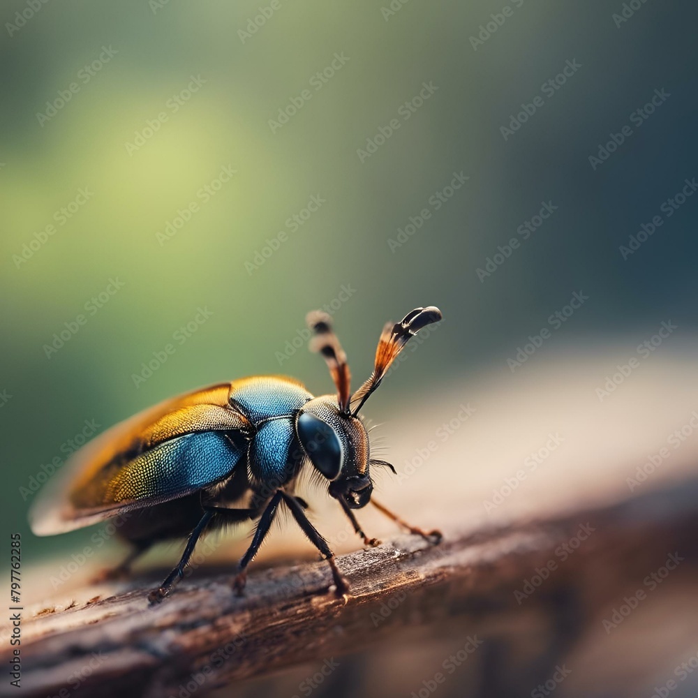 AI generated illustration of a beetle perched on log outdoors, green background blurred AI generated illustration of a beetle perched on log outdoors, green background blurred