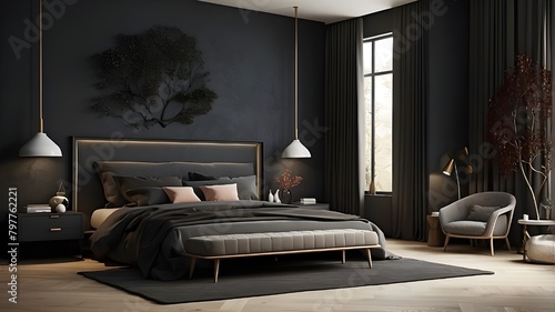 Illustration of a contemporary, dark bedroom with wall décor.