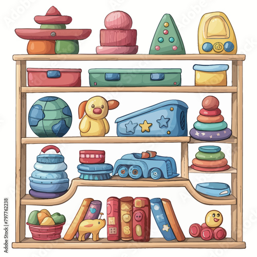 Illustration of a set of toys on a shelf on a white background