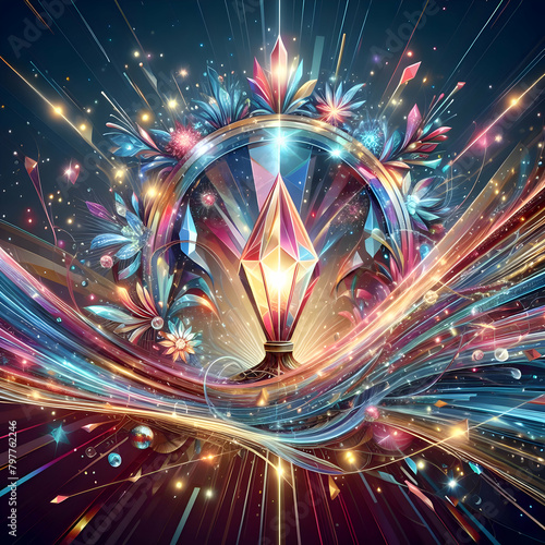 A dynamic vector banner showcasing the enchanting interplay of crystal light glasses, featuring a kaleidoscope of sparkle, prism glare, and radiant reflections. Overlaying streaks of rainbow 