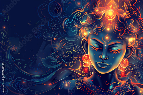 Indian Goddess Kali Maa on dark blue background. Goddess Durga Face. Religious festival of Hinduism Kali puja or Shyama Puja. Happy Durga Puja Subh Navratri photo