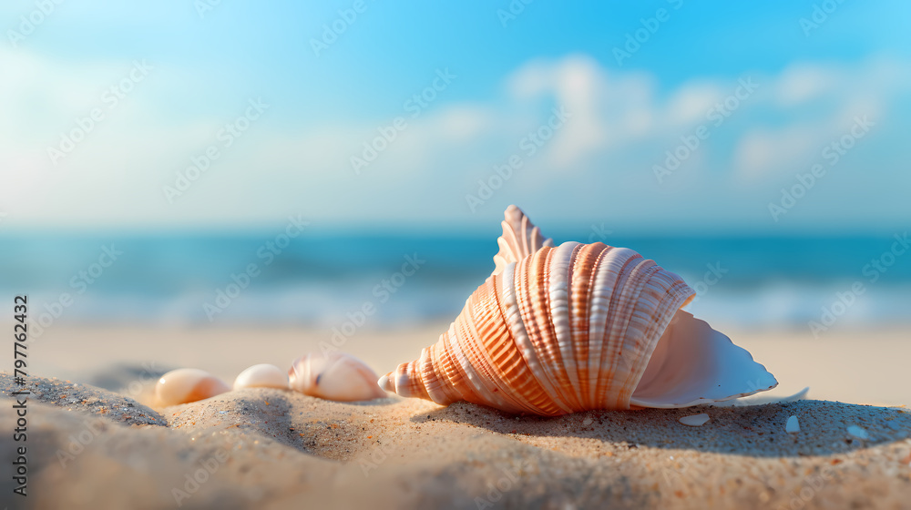 Close-up of beautiful seashells on the beach, blue sky and ocean background Close-up of beautiful seashells on the beach, blue sky and ocean background