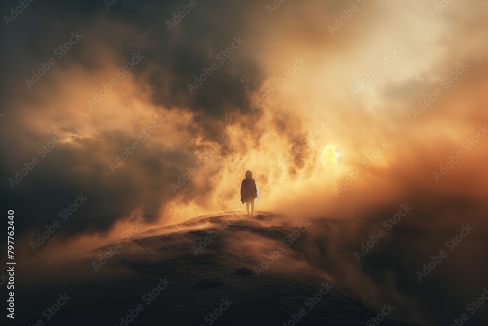 AI generated illustration of a man on hilltop at sunrise