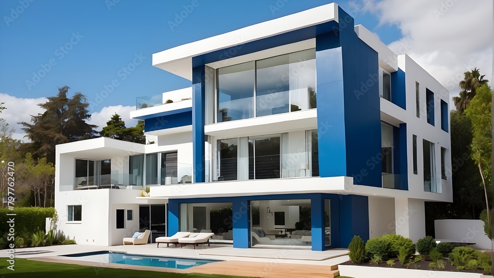 An example of a contemporary, blue and white residence.