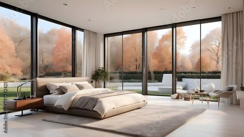 An example of a contemporary bedroom with large French windows