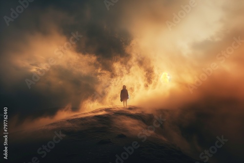 AI generated illustration of a man on hilltop at sunrise