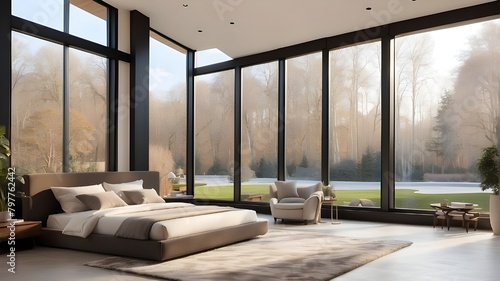 An example of a contemporary bedroom with large French windows photo
