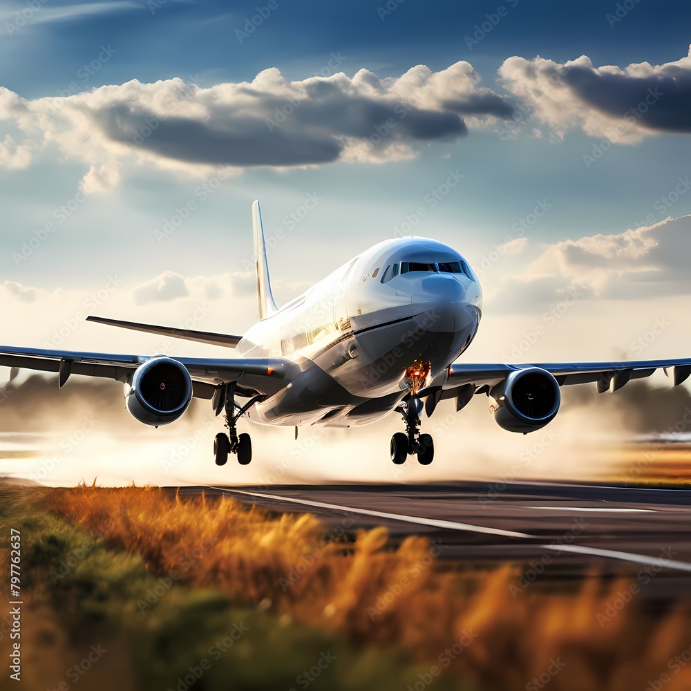 Airplane taking off from runway in speed, Ai Generated Airplane taking off from runway in speed, Ai Generated