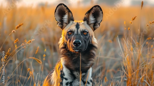 African Wild Dog, Walking In The Green Grass, (Okacango deta) Botswana, Africa. Dangerous Spotted Animal With Big Ears. photo