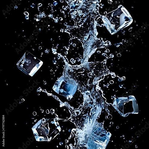 Ice cubes dropping into water stream on black background in electric blue font