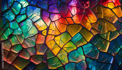 mosaic of multi-colored glass shards. cracked iridescent glass background. Decor and design
