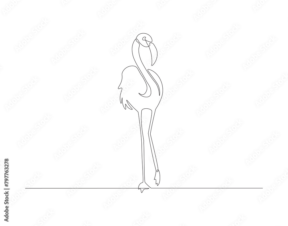 Continuous line drawing of flamingo bird. One line of flamingo bird. Exsotic bird concept continuous line art. Editable outline.