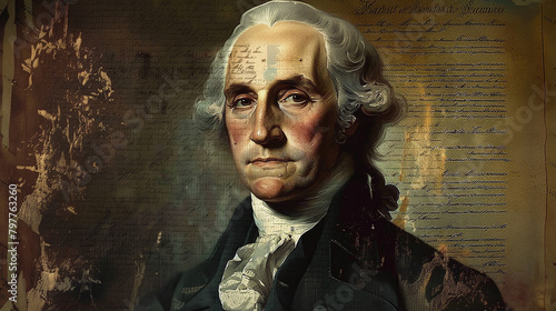 vintage style portrait illustration of US former president George Washington, old paper texture photo