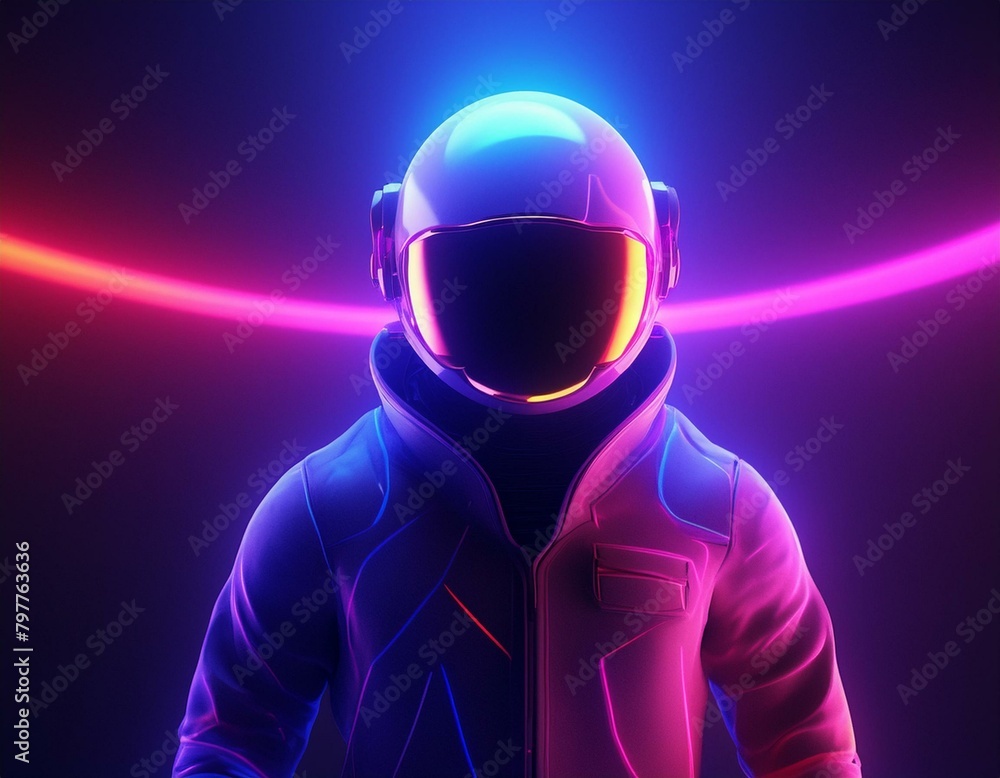 Cyber punk retro look astronaut wearing a reflective helmet and fully geared up waiting under the brightly colored neon lights Cyber punk retro look astronaut wearing a reflective helmet and fully geared up waiting under the brightly colored neon lights
