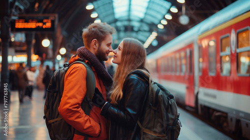 A couple is looking at each other and about to kiss at a train s