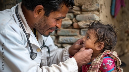 A symbol of hope, a doctor provides care to a village child on Humanitarian Day. World Humanitarian Day, August 19