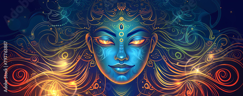Indian Goddess Kali Maa on dark blue background. Goddess Durga Face. Religious festival of Hinduism Kali puja or Shyama Puja. Happy Durga Puja Subh Navratri © ratatosk