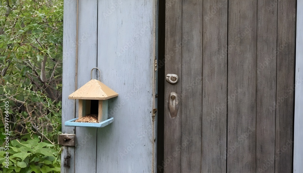 A Weathered Door With A Bird Feeder Hanging On It In A Backyard   (3)
