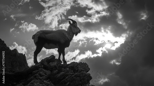 Alpine Ibex  Capra Ibex  Animals In Nature Rock Habitat  France. Night In The High Mountain. Animals Silhouettes With Dark Evening Clouds In The Alps - Generative AI