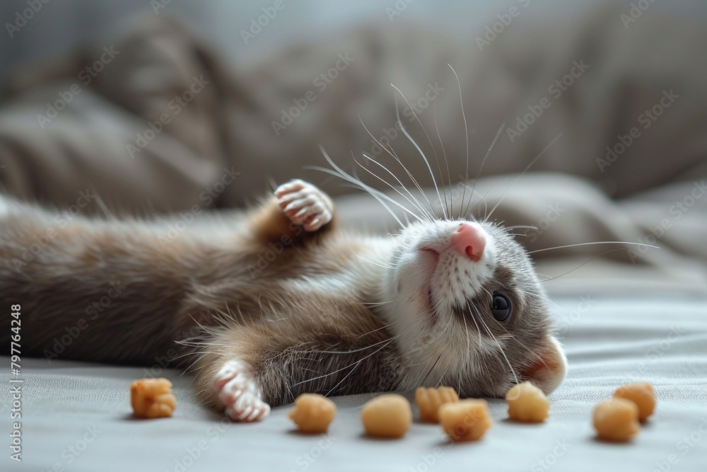 A playful ferret rolling around in delight after a satisfying meal of ferret nuggets.