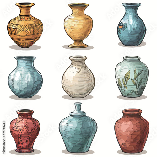 Colorful ceramic vases set. Vector illustration. Isolated on white background.