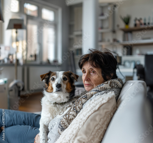 older woman with a sad look sitting with her dog