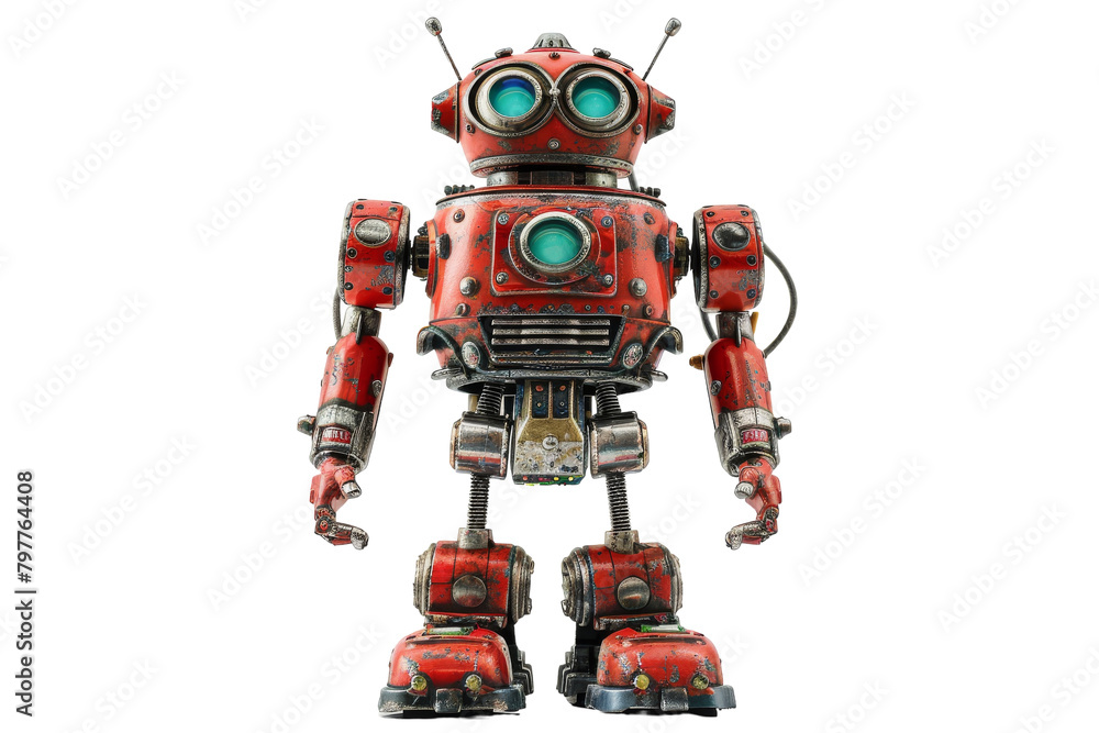A red robot with green eyes stands confidently against a pristine white background
