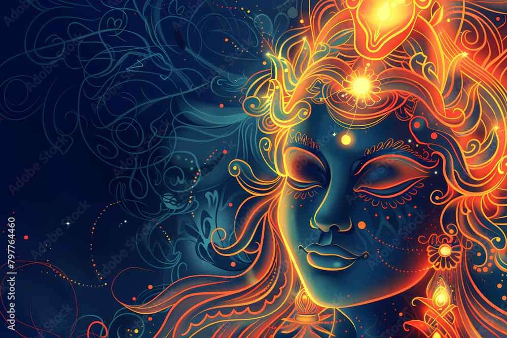 Indian Goddess Kali Maa on dark blue background. Goddess Durga Face. Religious festival of Hinduism Kali puja or Shyama Puja. Happy Durga Puja Subh Navratri. Hariyali Teej 
