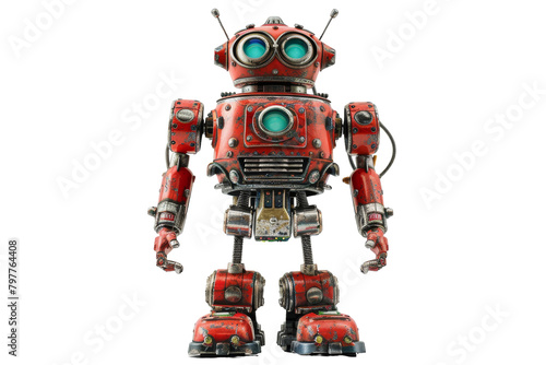 A red robot with green eyes stands confidently against a pristine white background