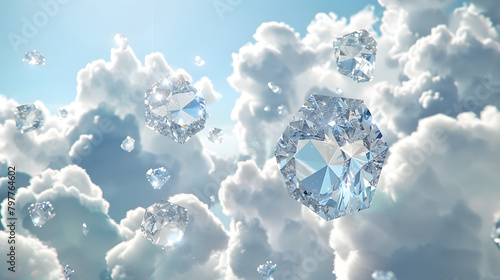 Diamonds glistening among the white fluffy clouds in the sky. Shine like diamonds concept.