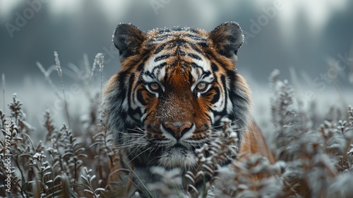 Amur Tiger Hunting In Green White Cotton Grass. Dangerous Animal, Taiga - Generative AI photo