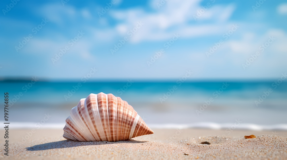 Close-up of beautiful seashells on the beach, blue sky and ocean background Close-up of beautiful seashells on the beach, blue sky and ocean background