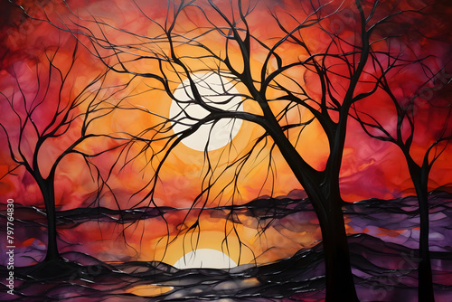Sunset Silhouette Serenity, abstract landscape art, painting background, wallpaper, generative ai