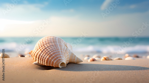 Close-up of beautiful seashells on the beach, blue sky and ocean background