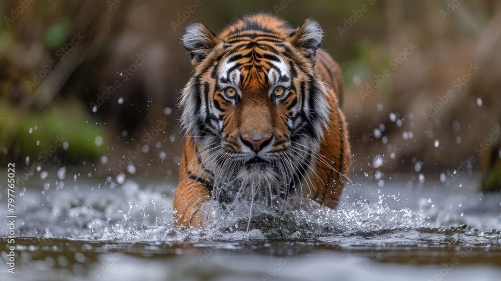 Amur Tiger, Siberian Tiger Splashing In Water - Generative AI