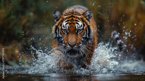 Amur Tiger  Siberian Tiger Splashing In Water - Generative AI