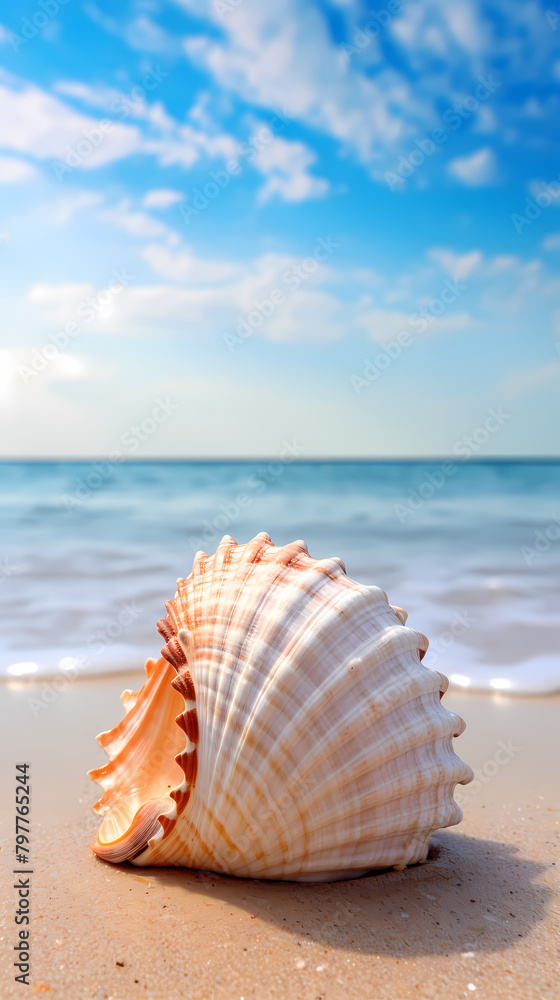 Close-up of beautiful seashells on the beach, blue sky and ocean background Close-up of beautiful seashells on the beach, blue sky and ocean background