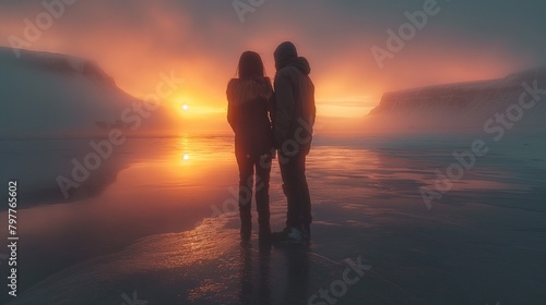 AI generated illustration of two individuals on beach at sunset watching vibrant sunset