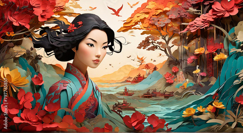 Great story of Mulan's heroic journey told in paper cutting art style photo