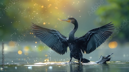 Anhinga Water Bird In The Lake Nature Habitat. Bird With Long Neck And Bill. Anhinga Sitting On The Branch Above Water, Open Wings, Lake In Costa Rica - Generative AI © Ai Photos Bank