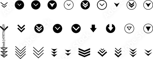 Swipe down icon set. Arrow down button symbol. Swipe down icons for social media stories. Scroll down pictogram. Vector