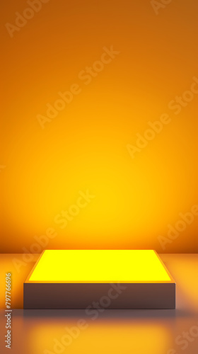 Minimalist yellow background with empty square podium for product display