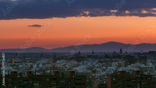 Panoramic day to night timelapse view of Madrid, Spain. Photo taken from the hills of Tio Pio Park, Vallecas-Neighborhood.