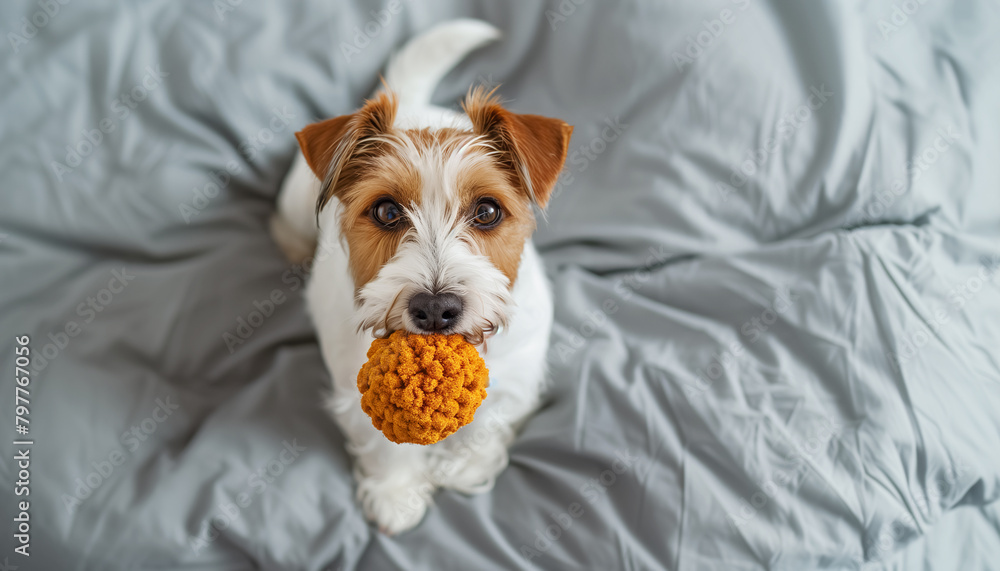 Naklejka premium ..Playful Pup: A Jack Russell Terrier sits on a bed with a toy in its mouth, looking curiously at the camera. Loyal and energetic dog breed and Adorable canine companion
