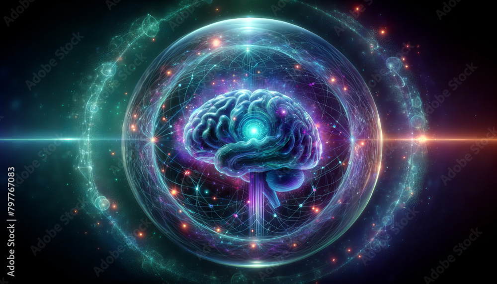 Fototapeta premium Digital Brain Hologram with Cosmic Data Streams, Symbolizing Advanced Neural Computing